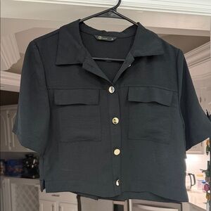 Crop length Black Button-Down Women's Shirt